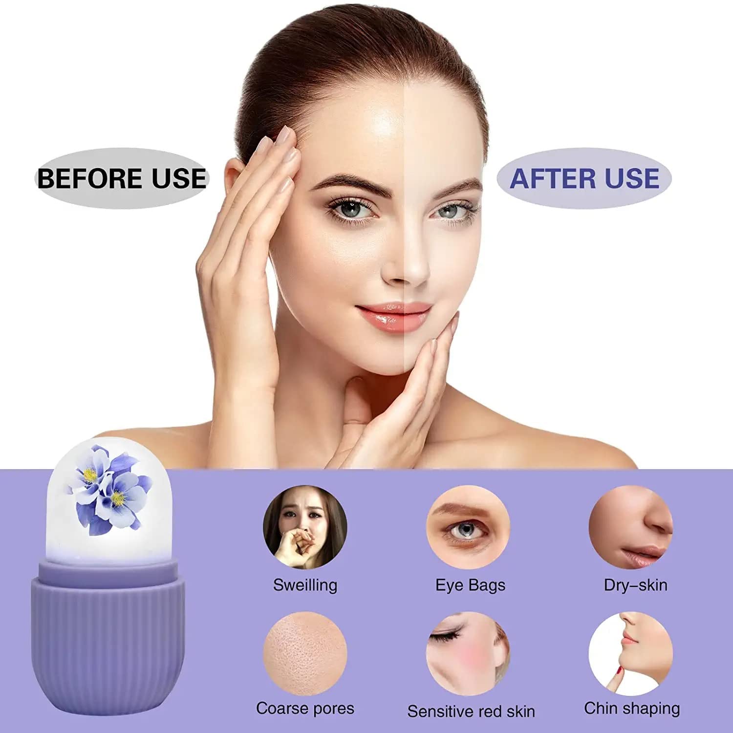 Indo Glow beauty ice roller face showing before and after use effects on swelling eye bags dry skin and pores