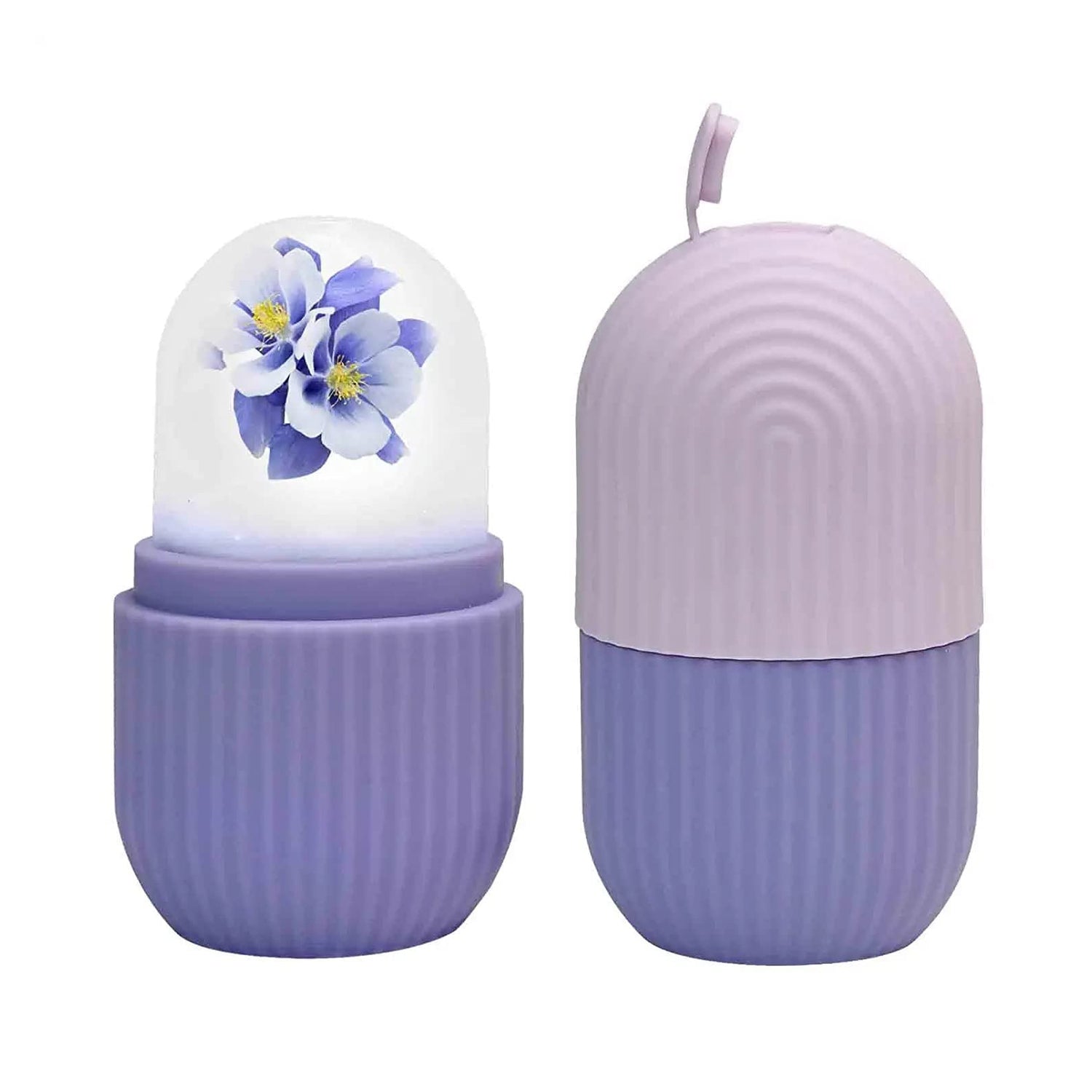 Indo Glow beauty ice roller face with purple ribbed handle and floral design on cooling head