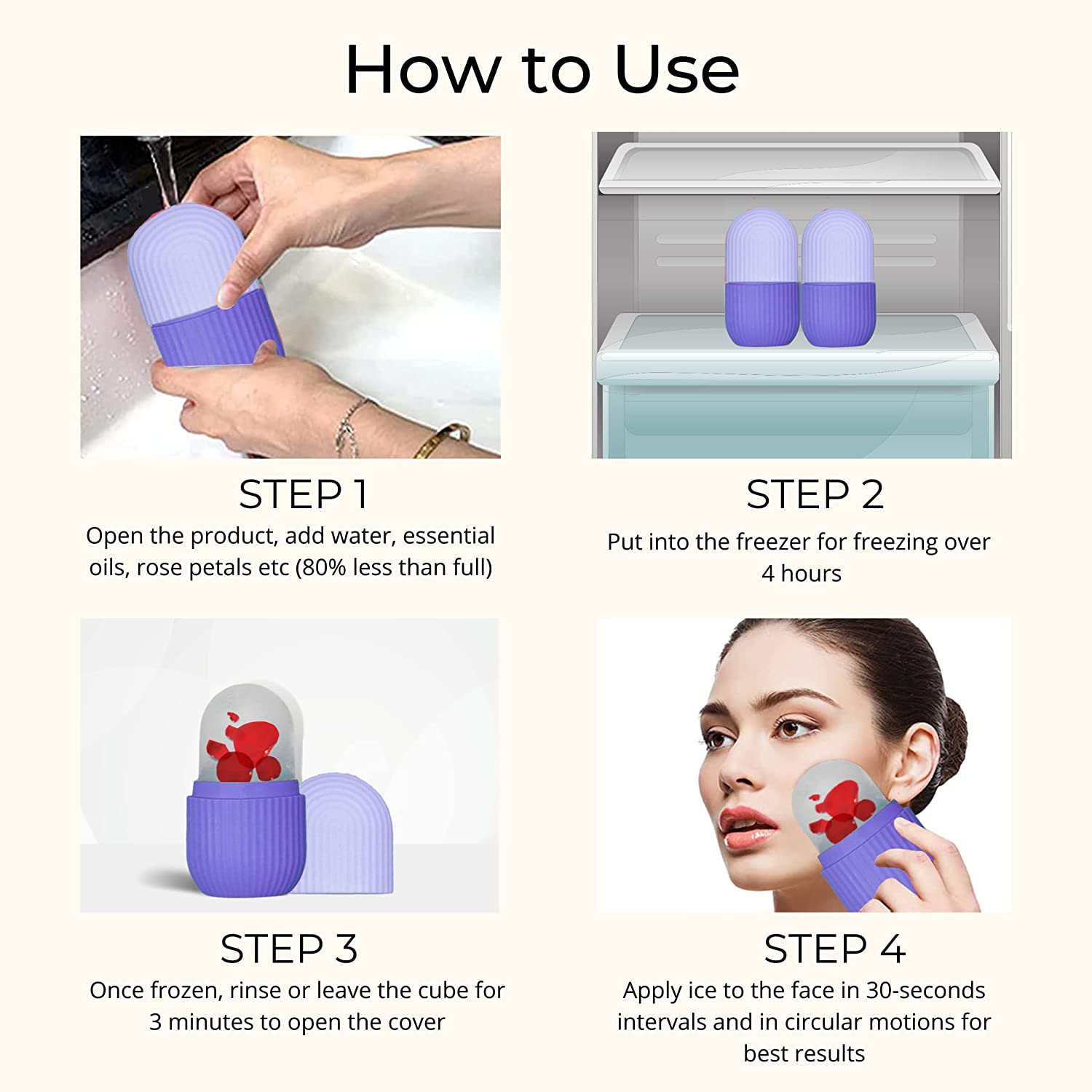 Indo Glow beauty ice roller face in purple color shown in step-by-step usage for skincare routine