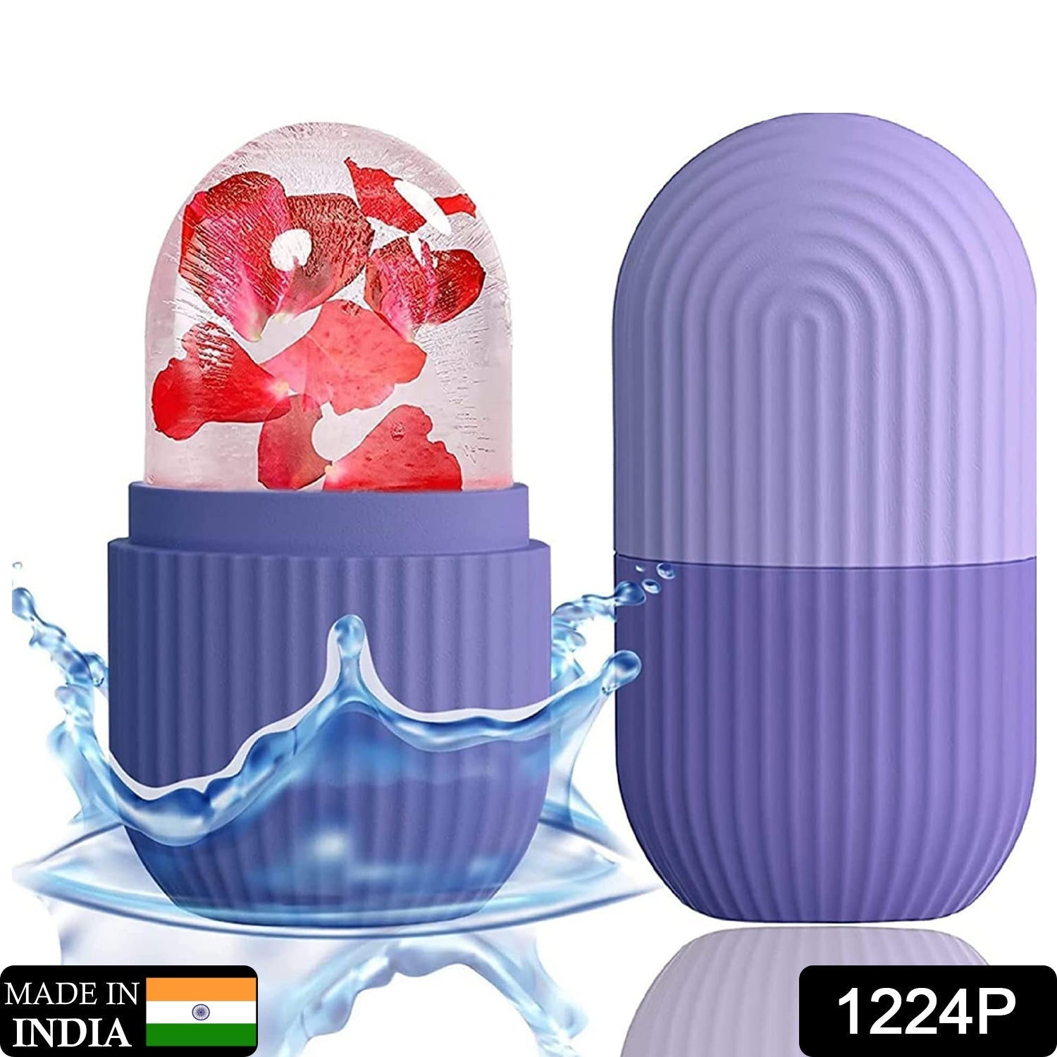 Indo Glow beauty ice roller face with purple case and frozen petals for cooling skincare