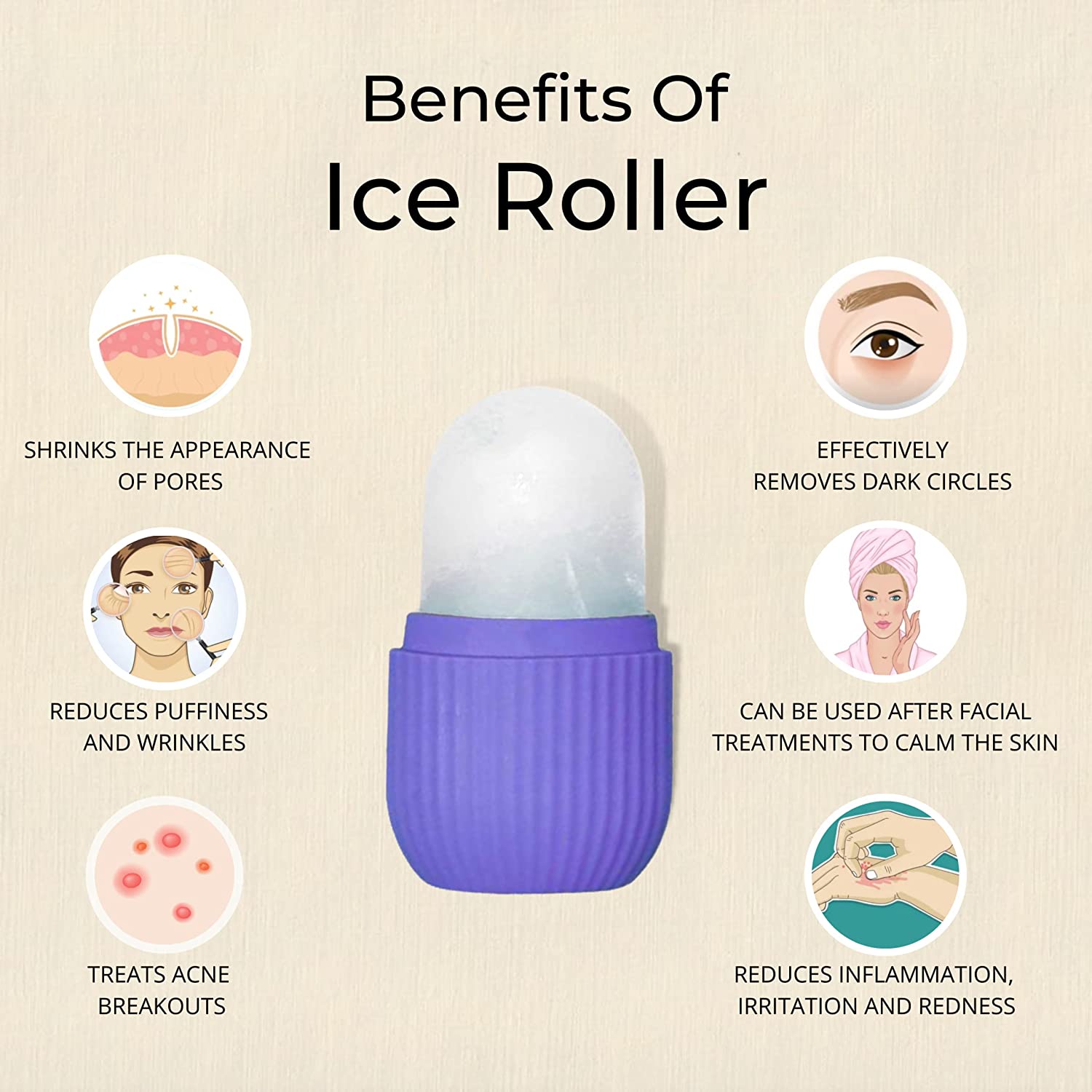 Indo Glow beauty ice roller face with purple handle showing benefits for skin care and reducing wrinkles