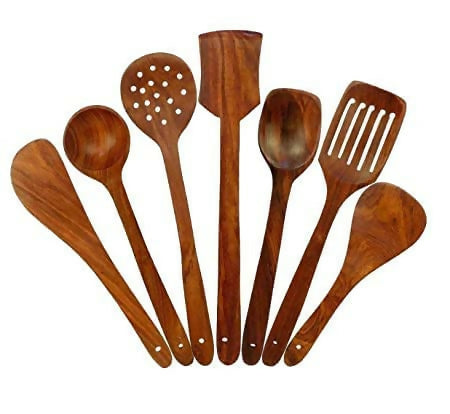 Combo of 9 pcs - Spatula Brush and Set - 7 Brown Cooking & Serving Spoons Multispace Rustic Wooden Kitchen tools