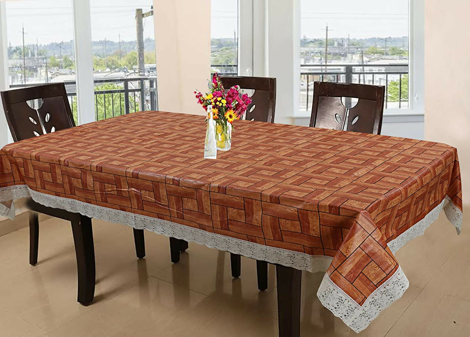 Stylish 3D Brown Wooden Design Table Covers in Polyester Fits Medium and Large Tables
