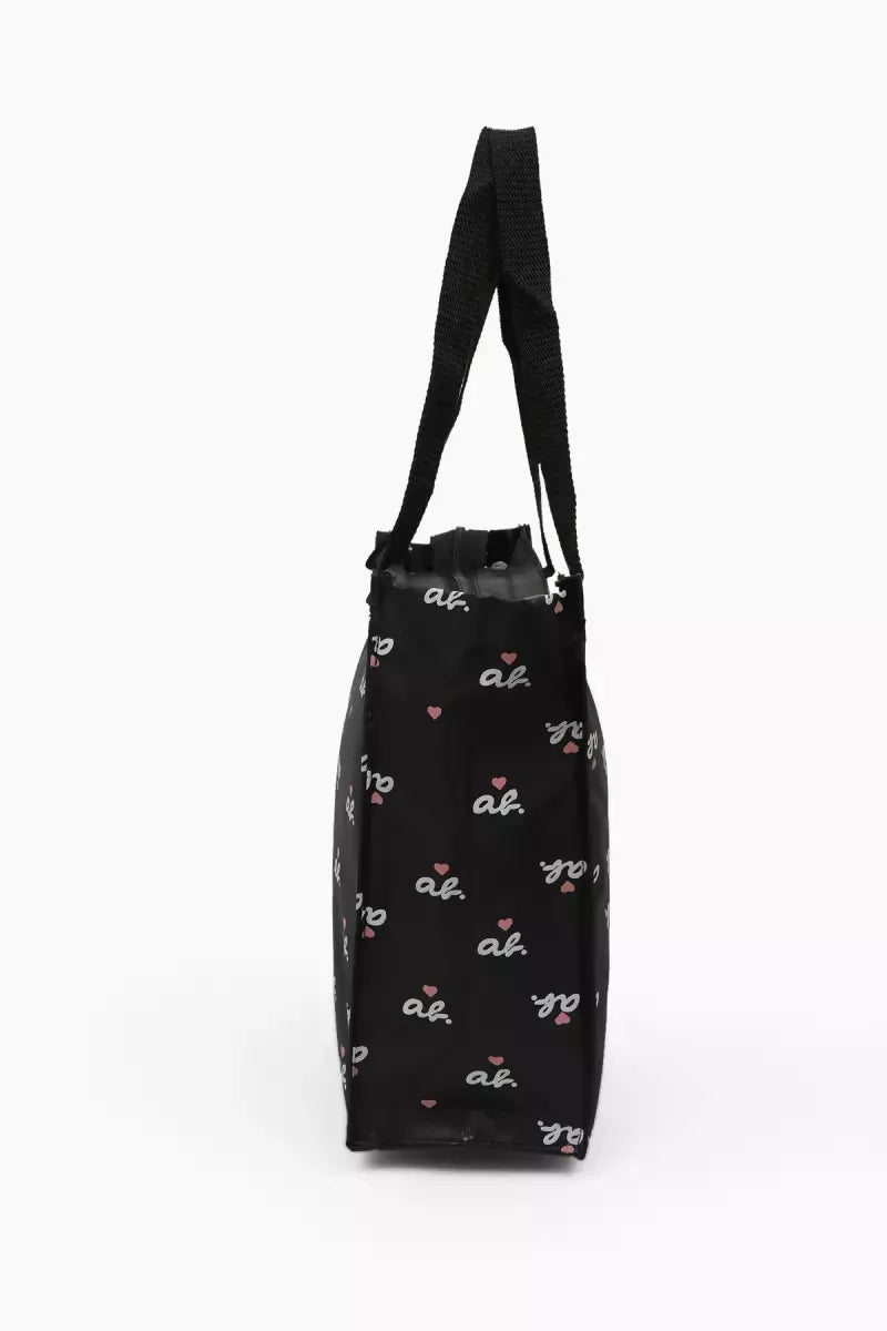 Letter Printed Canvas Tote Hand Bag for Girls (Black)
