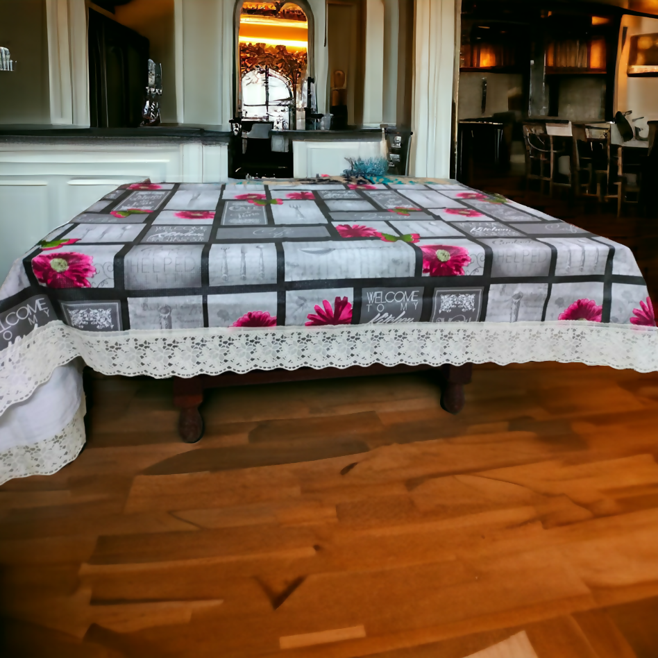 Mopak Decor 3D Printed Table Cover with Lace – Medium (40x60) for 4-Seater & Large (60x90) for 6-Seater – Rectangular Dining and Centre Table Cloth ( Grey )