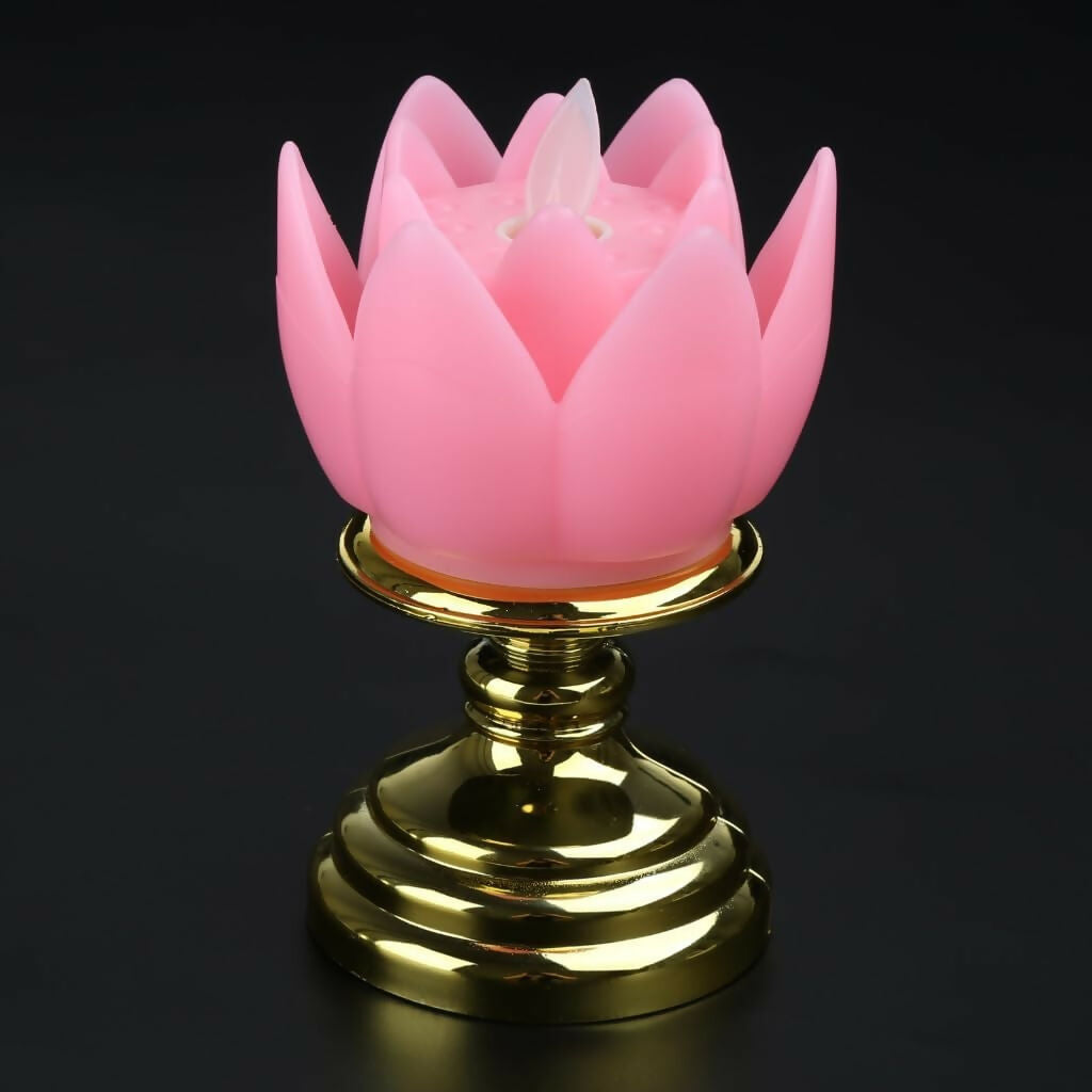 LED Lotus Flower Candle with Gold plated Stand for home decor (Battery powered)
