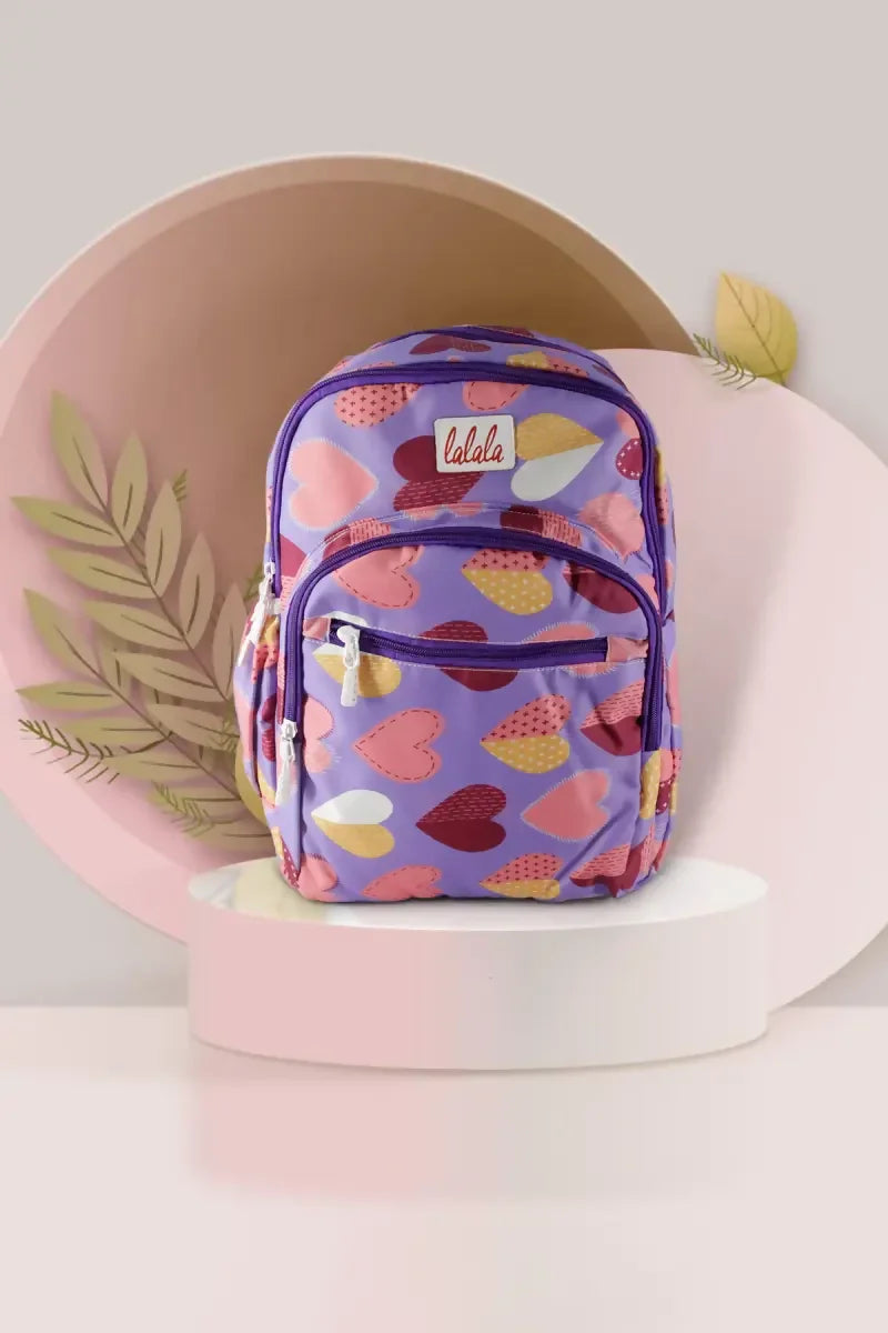 Hearts Printed College Backpack for Girls (Multicolor)