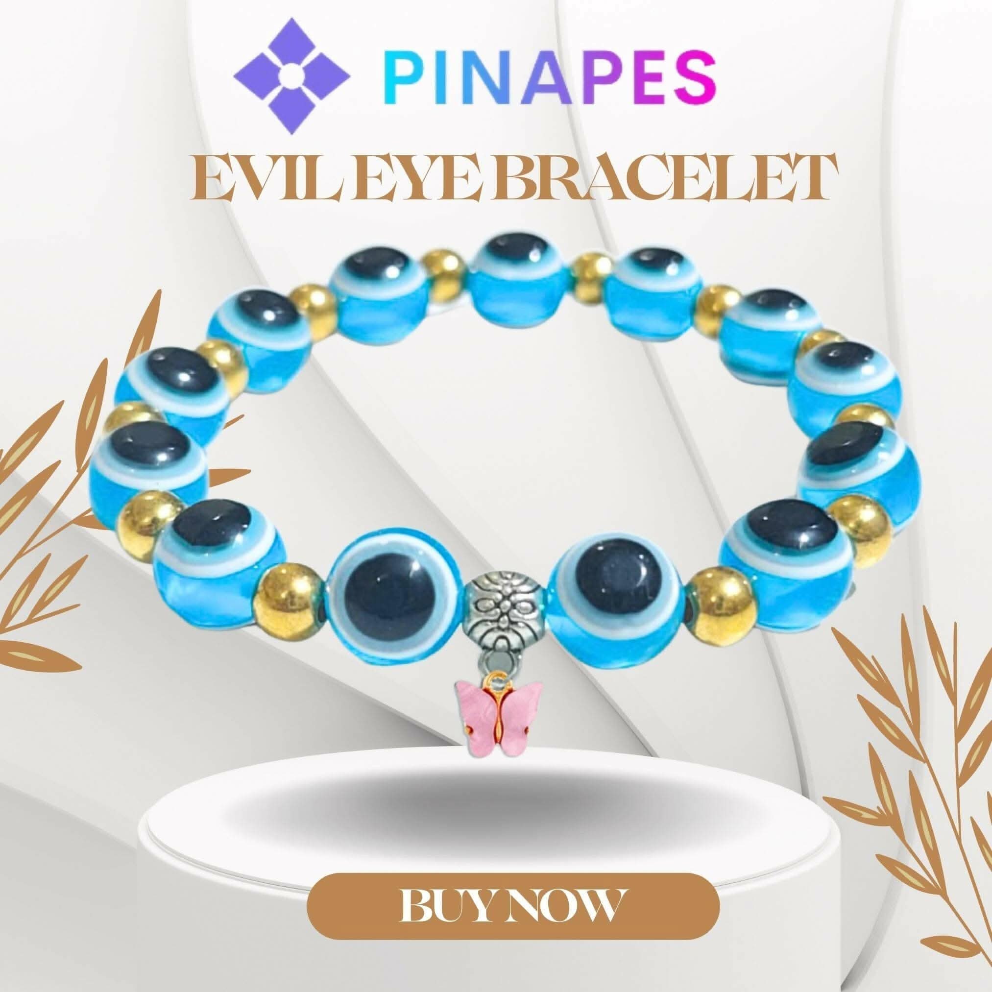 Pinapes Fashion & Protection Bracelet Sky Blue Evil Eye with Pink Butterfly Beads