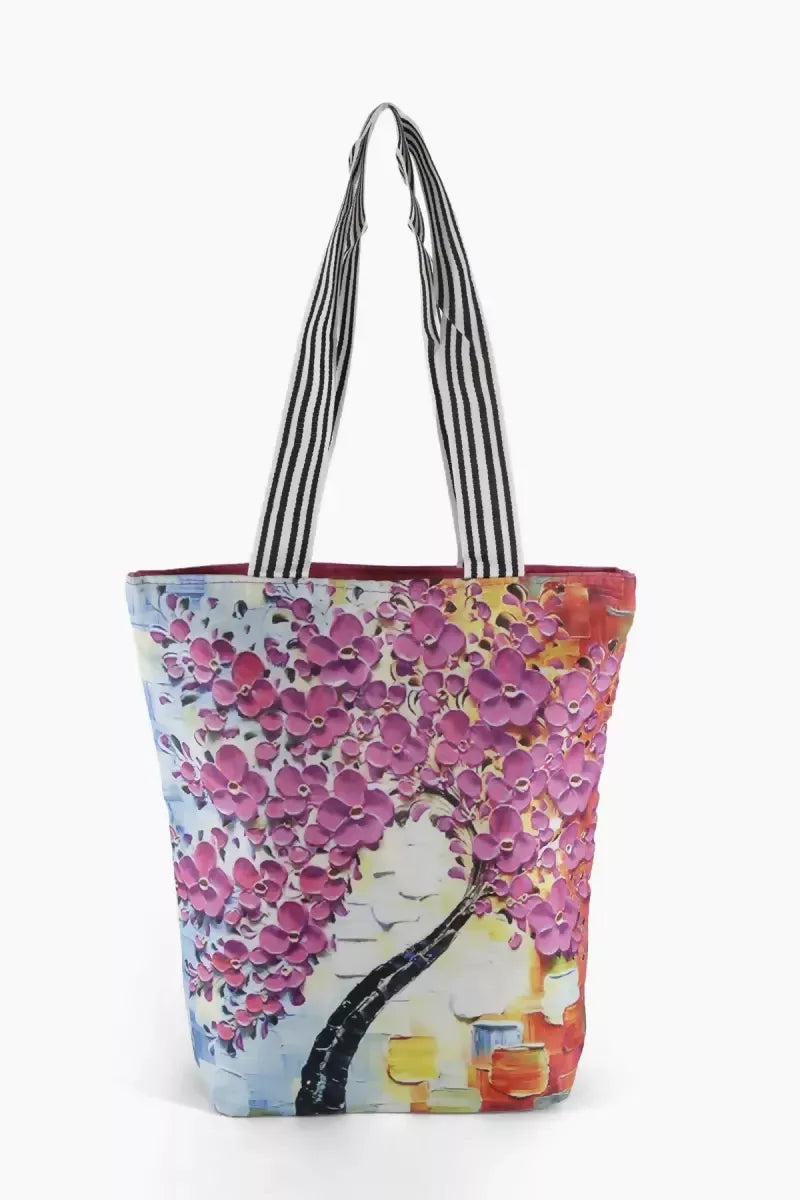Tree Printed Canvas Tote Hand Bag for Girls (Multicolor)