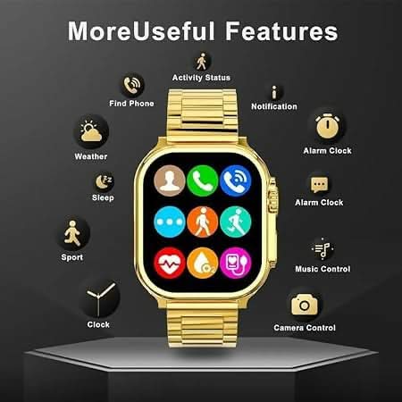 49mm Golden Smartwatch for Men – Bluetooth Calling & Wireless Charging