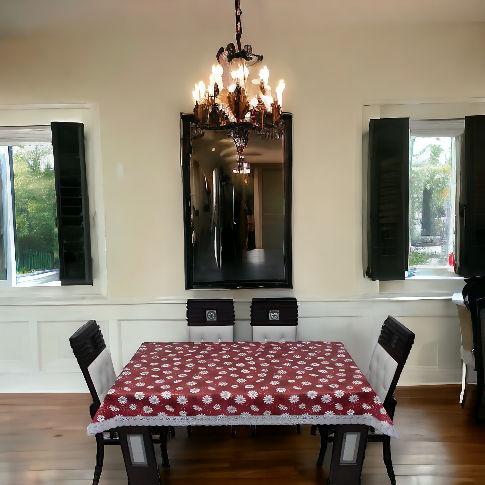 Mopak Decor Elegant 3D Printed Table Cover with Lace Border – Maroon Flower Design