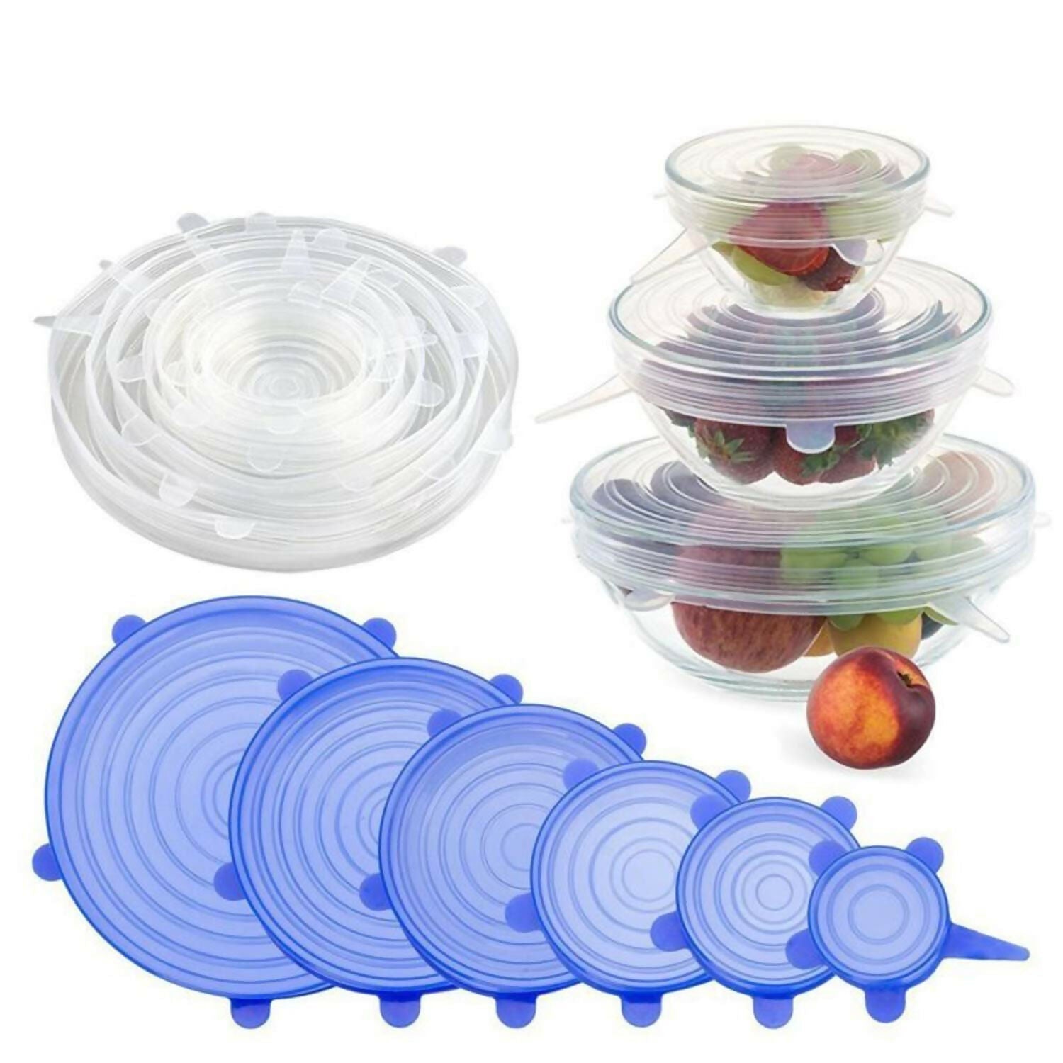 Silicone Stretch Lids – Reusable, Microwave-Safe, Blue Covers for Bowls, Plates, Jars, and Mugs (6 Pieces)