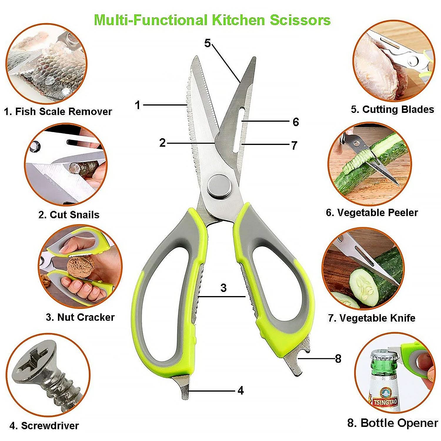 Multi-Purpose Kitchen Scissors with Magnetic Holder, 7-in-1 Stainless Steel Shears