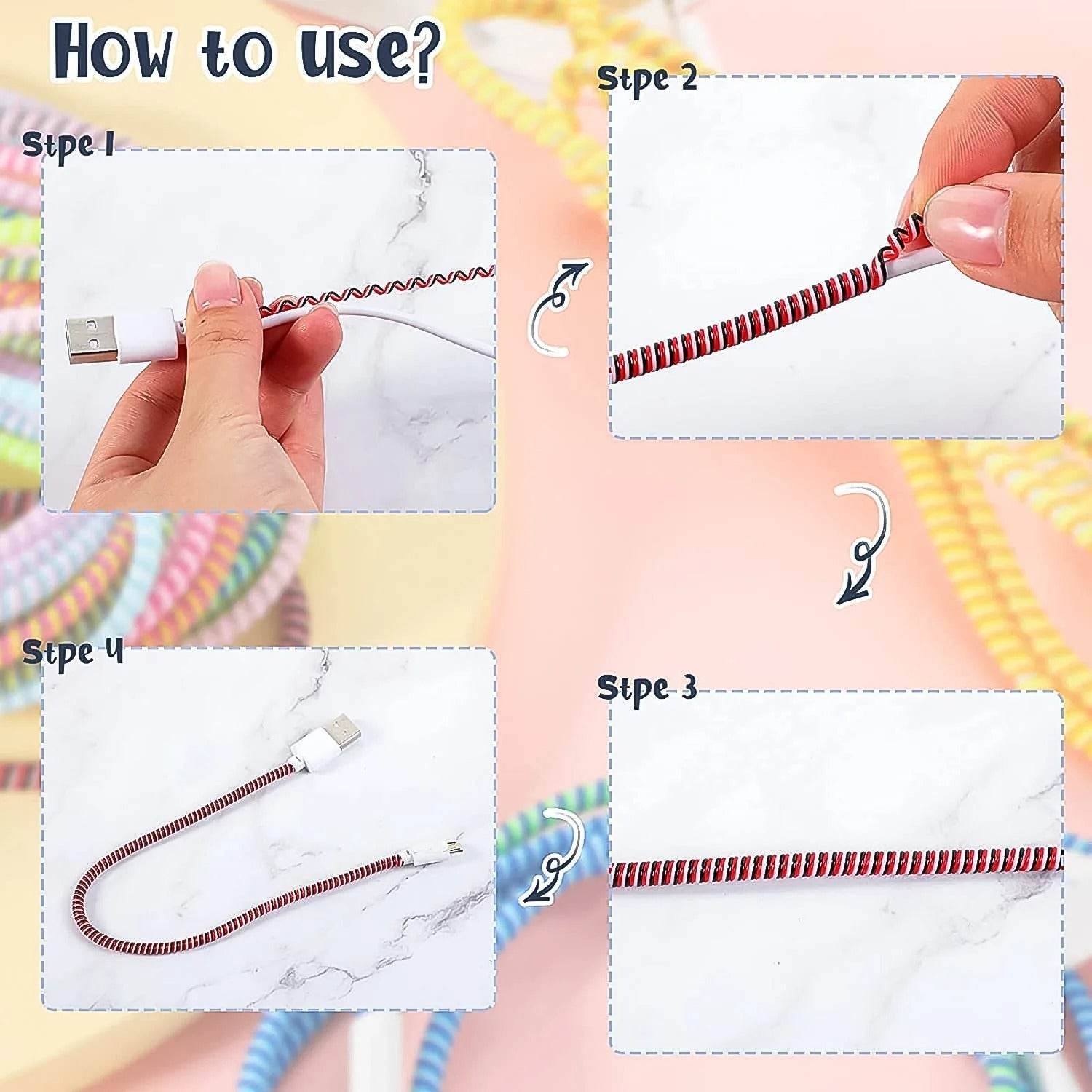 Step-by-step guide showing how to attach a spiral cable protector sleeve to a charging cable