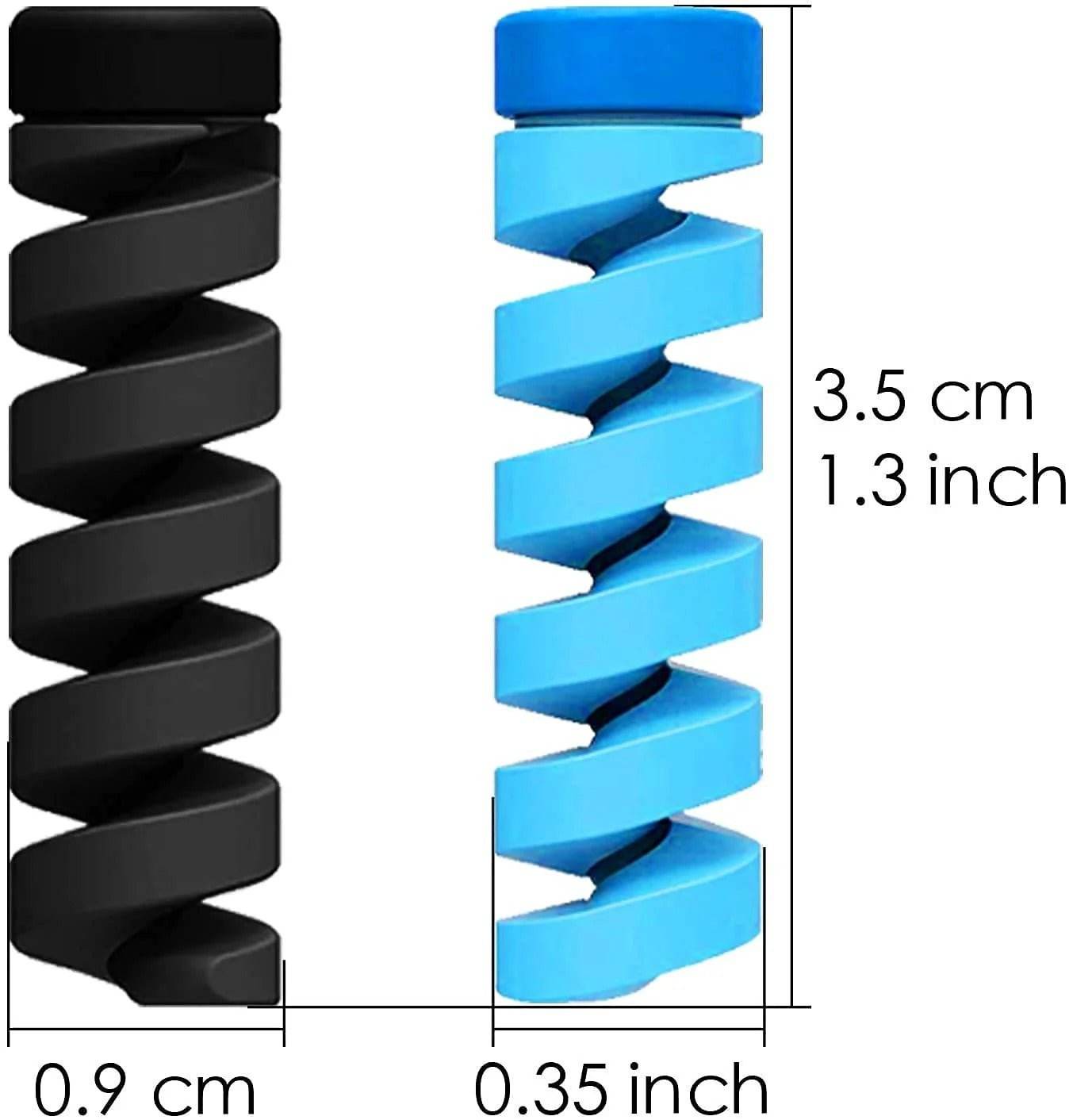 Black and blue spiral cable protectors showing dimensions 3.5 cm height and 0.9 cm width for cable protection