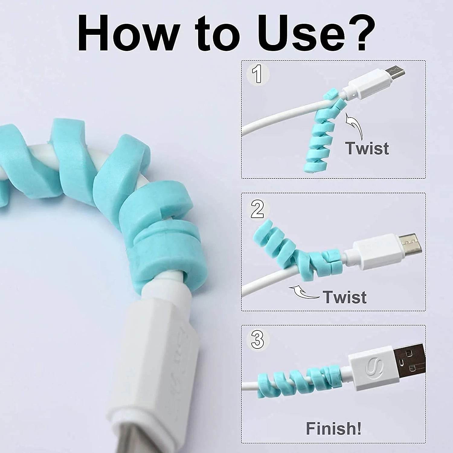 Bachat Club spiral cable protectors in blue showing how to twist and install on charging cables