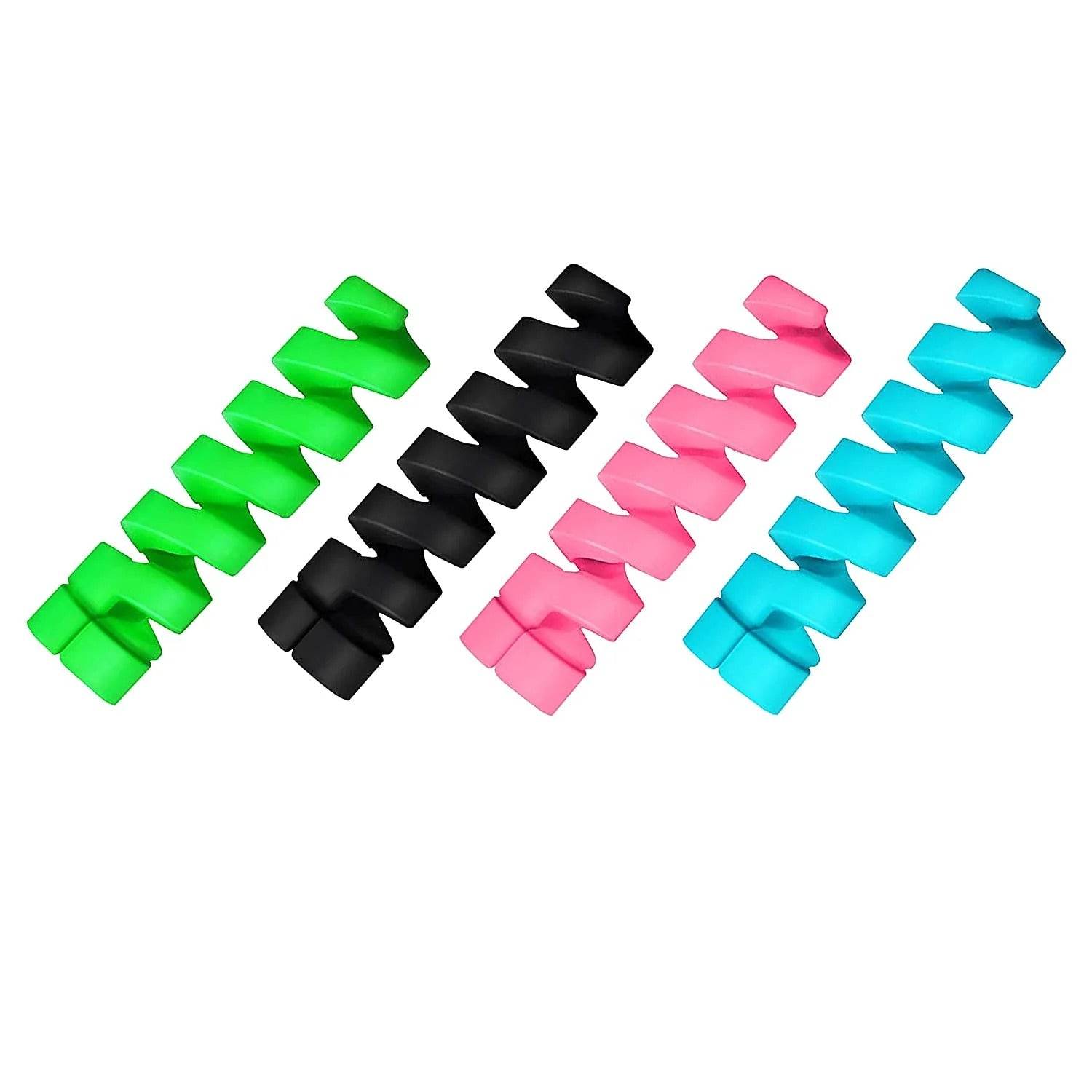 Colorful spiral cable protectors in green black pink and blue for organizing and protecting cords