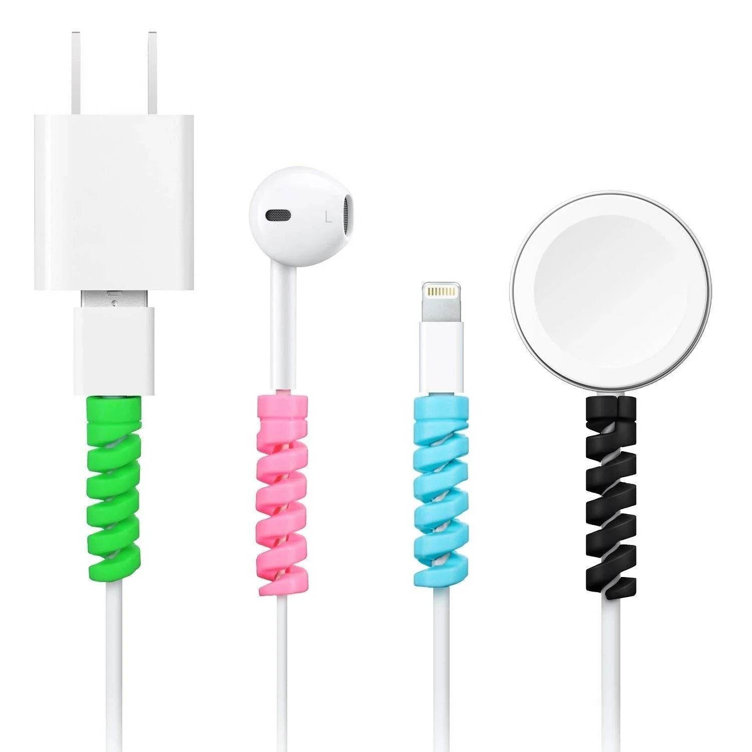 Colorful spiral cable protectors in green pink blue and black wrapped on various charging and earphone cables
