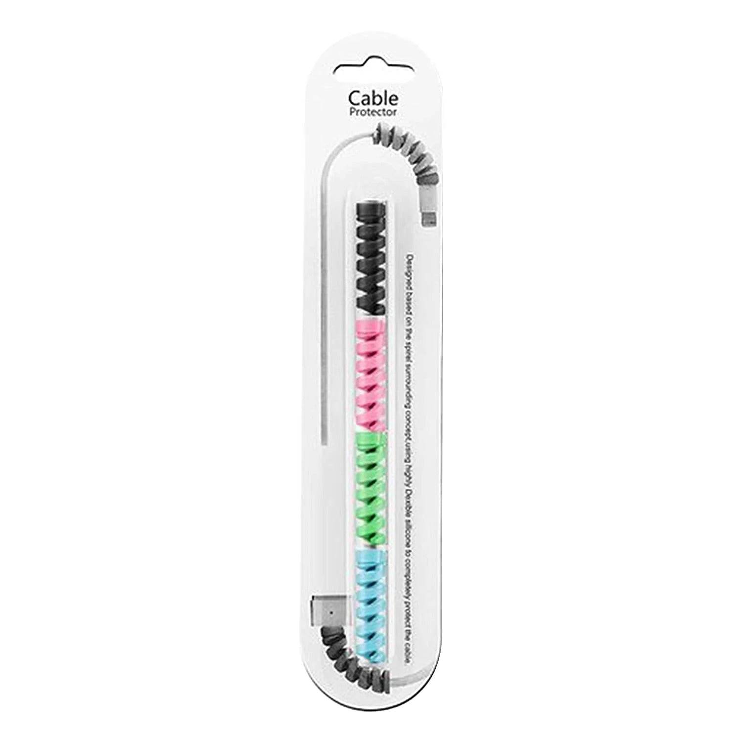Bachat Club spiral cable protectors in black, pink, green, and blue to protect and organize charging cables