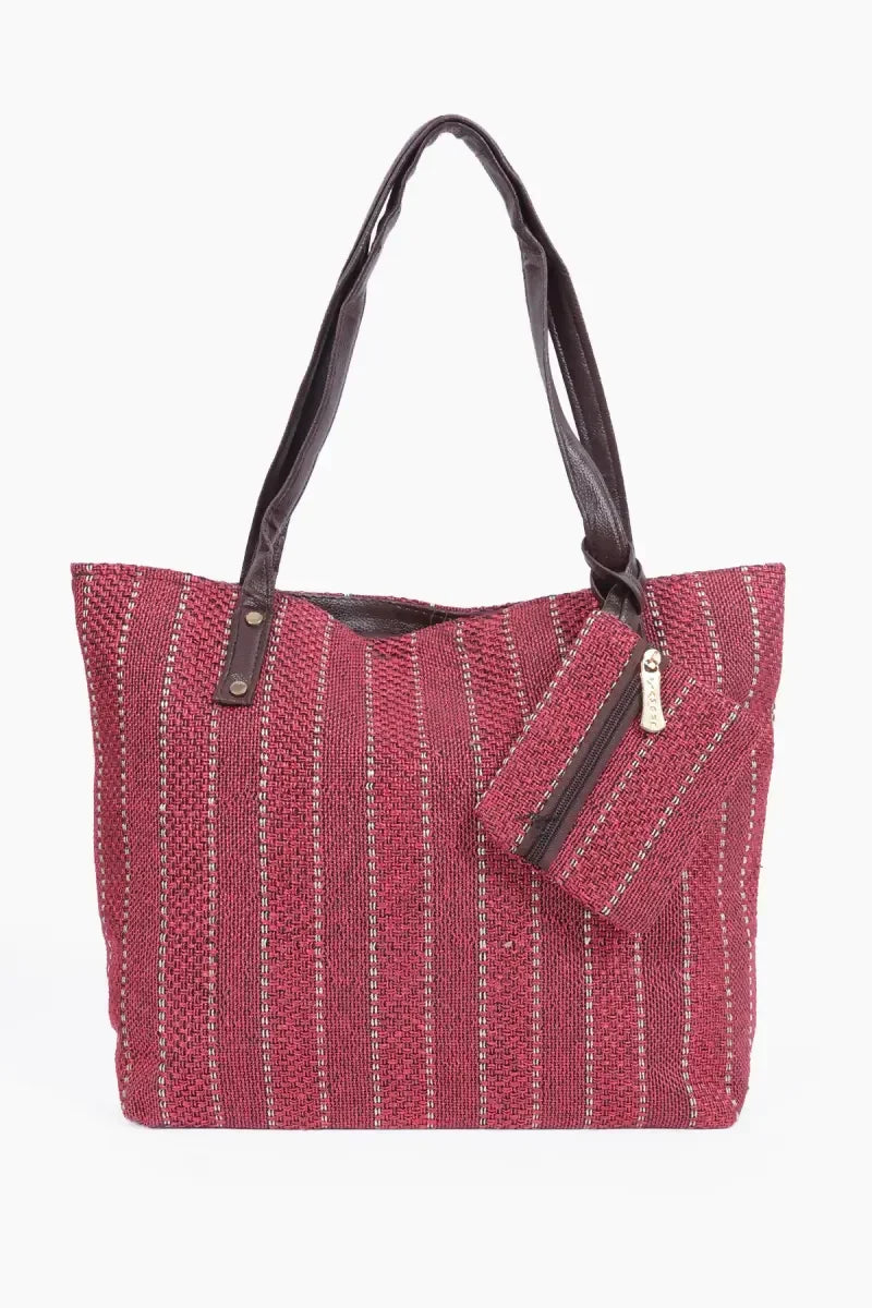 Women's Jute Hand Bag with Small Purse - Maroon