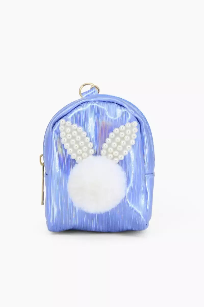 Mini Coin Purse Keychain with Fluffy Pompom (Blue)