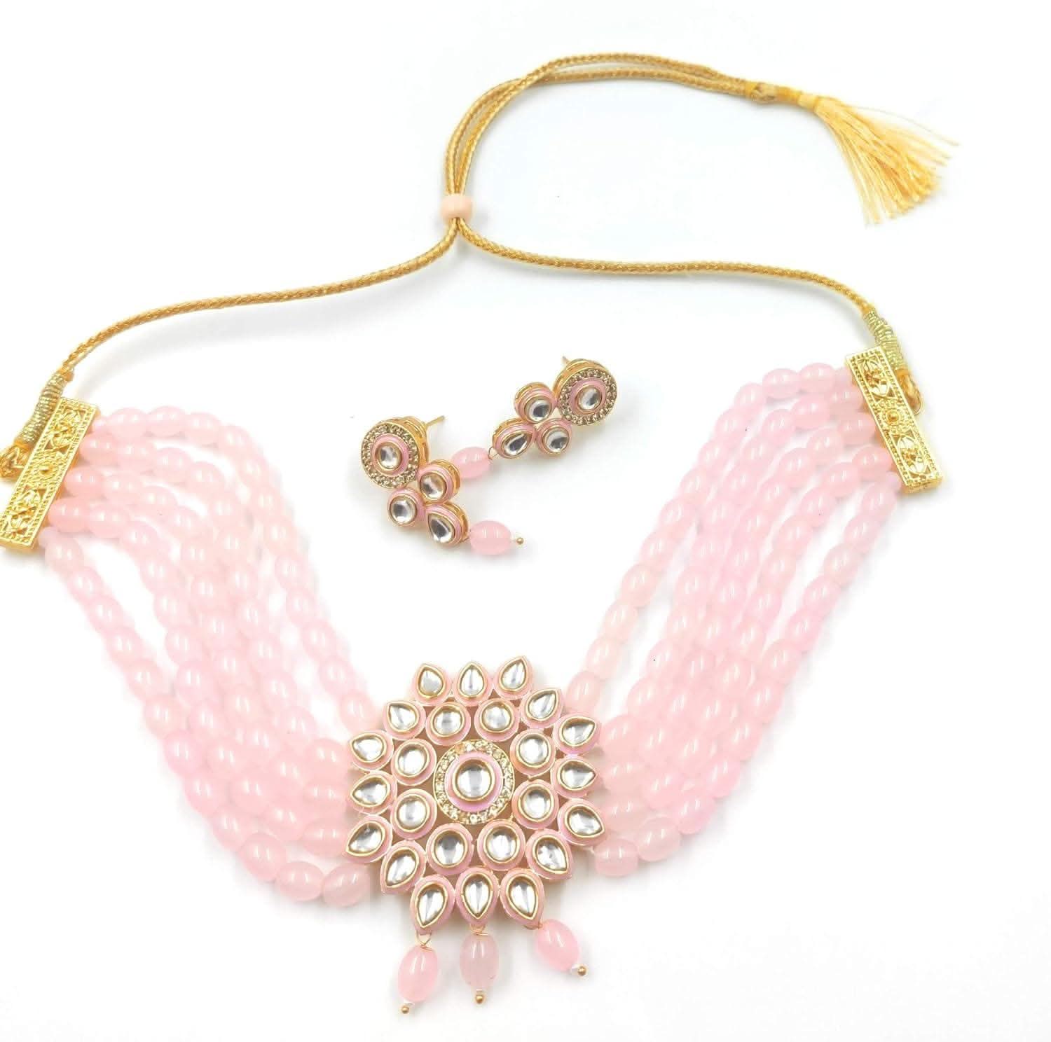 Handmade Golden Meenakari Kundan Chokar Jewelry Set – Light Pink Traditional Necklace with Earrings for Weddings & Festive Occasions