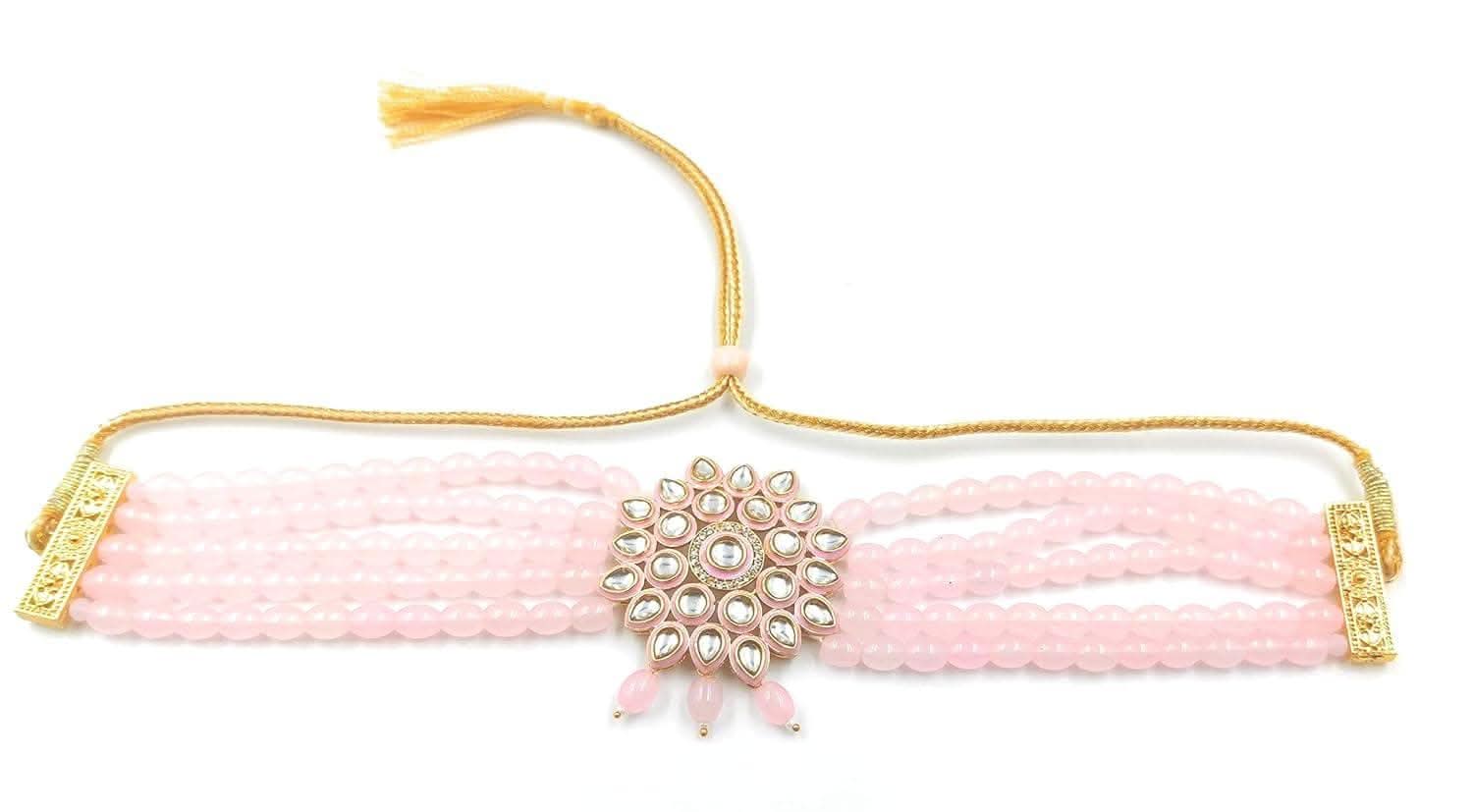 Handmade Golden Meenakari Kundan Chokar Jewelry Set – Light Pink Traditional Necklace with Earrings for Weddings & Festive Occasions
