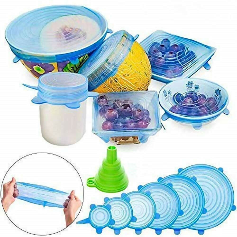 Silicone Stretch Lids – Reusable, Microwave-Safe, Blue Covers for Bowls, Plates, Jars, and Mugs (6 Pieces)