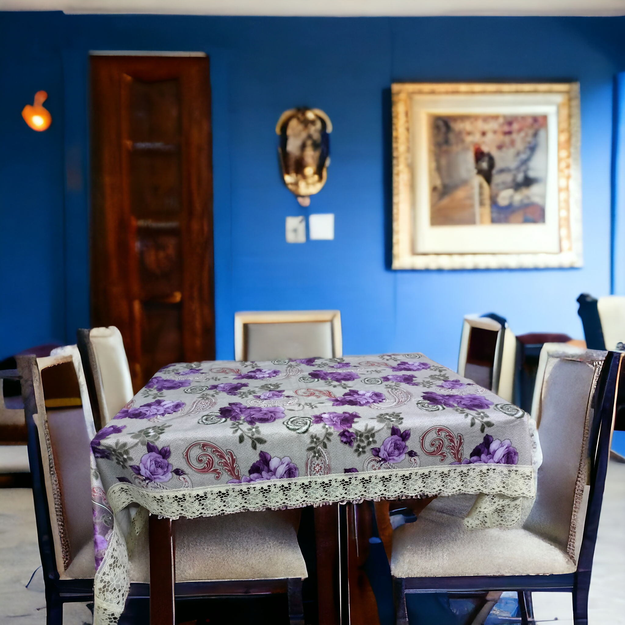 Mopak Decor Table Cover 3D Medium Size 2 to 4 Seater (40*60,Purple) Classic Table Cover Printed Table Cover with Lace Centre Table Cover Rectangular Table Cover Dining table cover