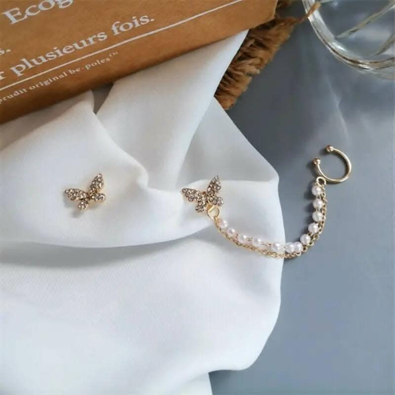 Pinapes Butterfly Drop Earrings Sparkling Rhinestone & Pearl Chain Dangle Earrings