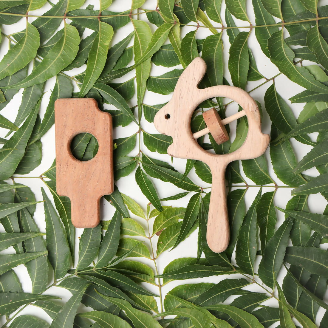 Wooden Teether & Rattle (2 Pieces)