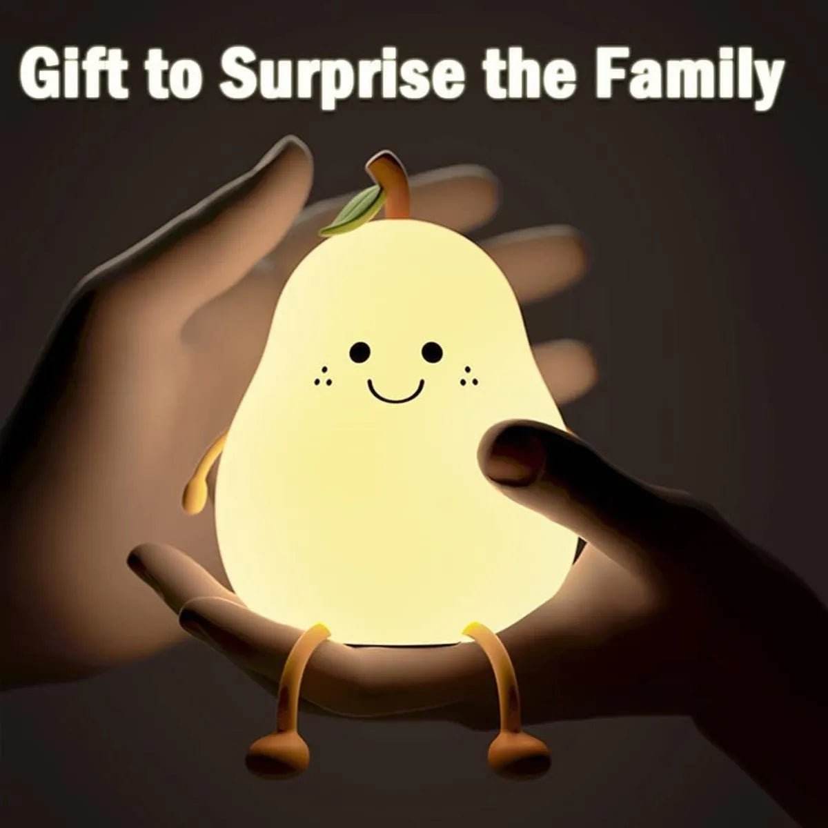 Bachat Club kids silicone night light shaped like a smiling pear held in hands, soft glowing light