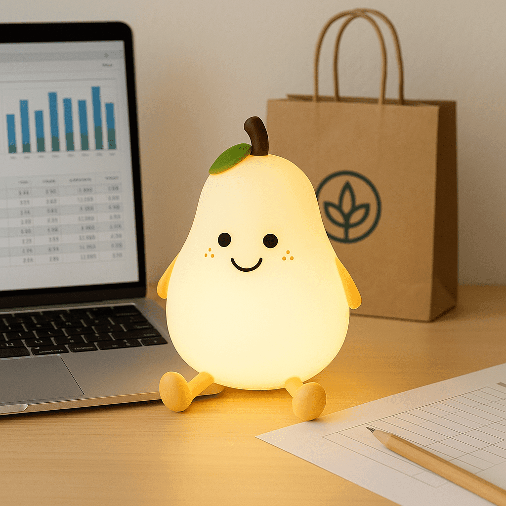 Bachat Club kids silicone night light shaped like a smiling pear on a desk next to laptop and paper