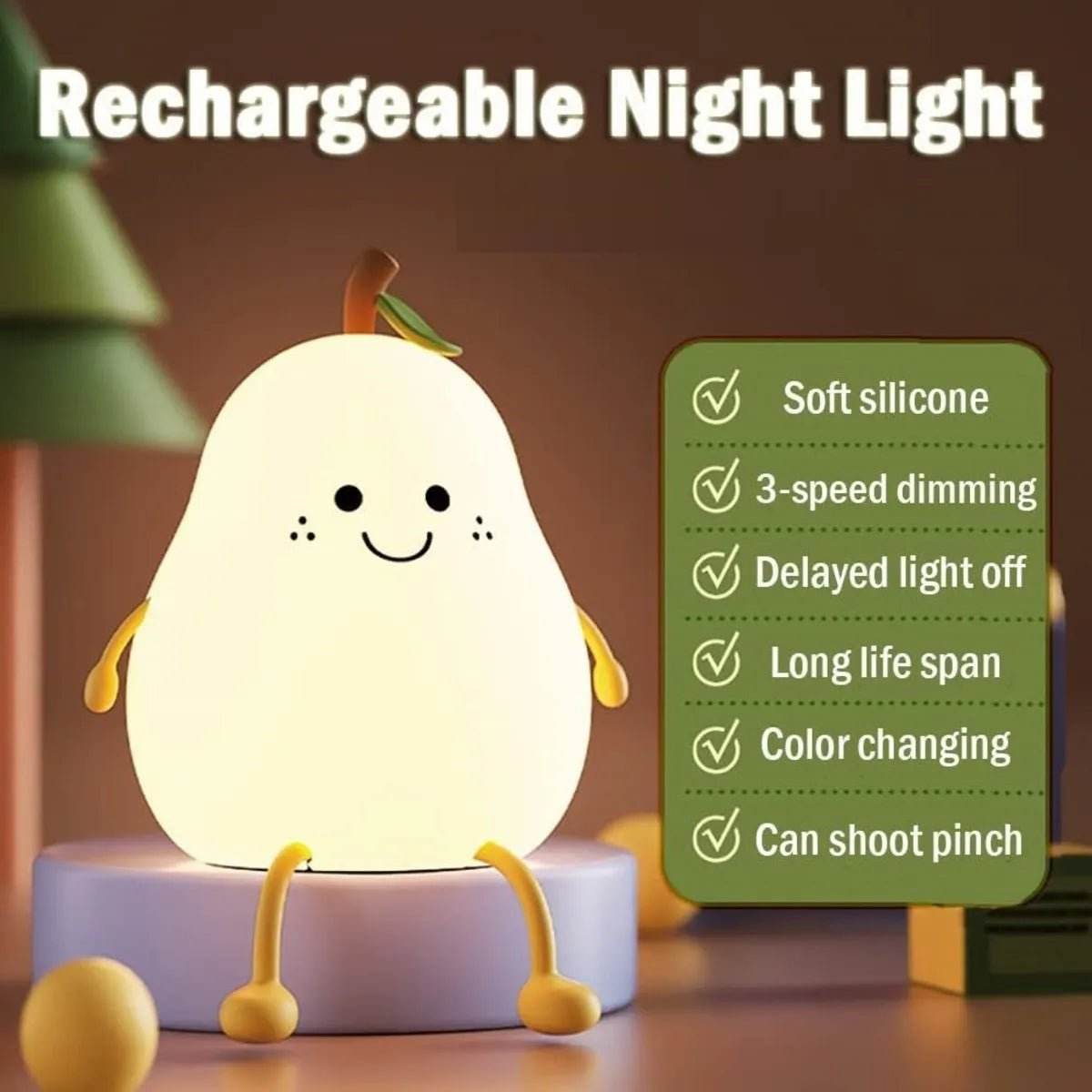 Bachat Club kids silicone night light shaped like a smiling pear with soft silicone and color changing features