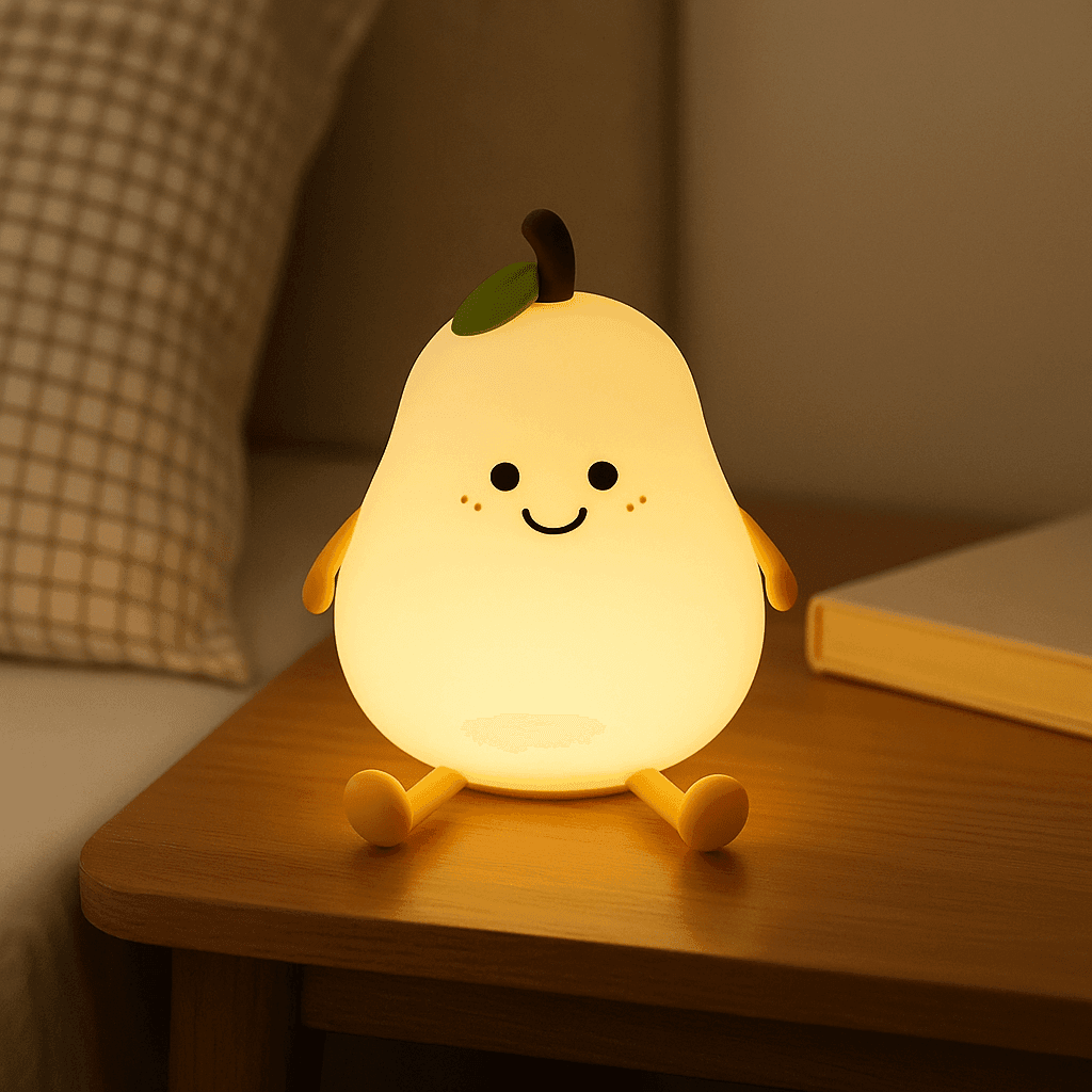 Bachat Club kids silicone night light shaped like a smiling pear on wooden bedside table