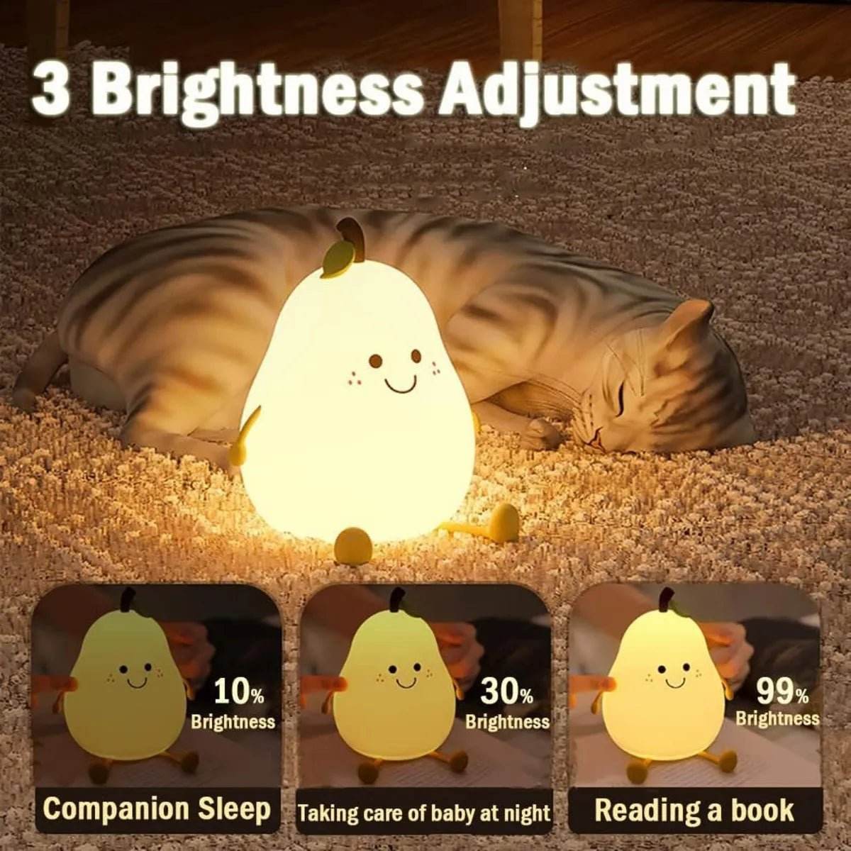 Bachat Club kids silicone night light shaped like a smiling pear with 3 brightness adjustment options next to a sleeping cat
