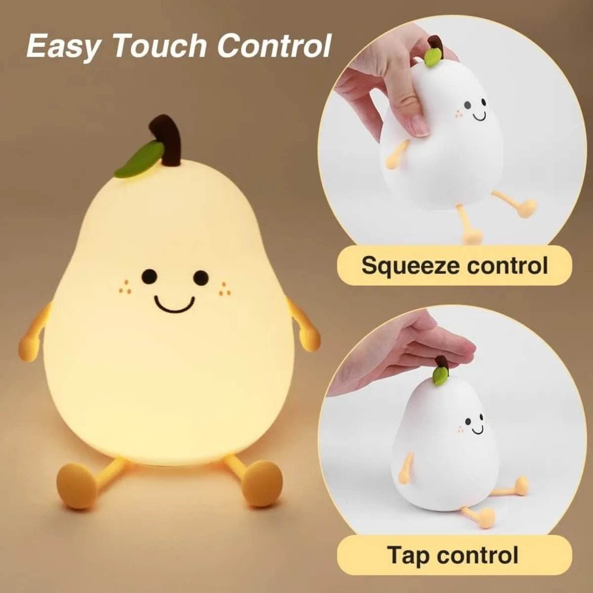 Bachat Club kids silicone night light shaped like a smiling pear with easy touch, tap, and squeeze controls