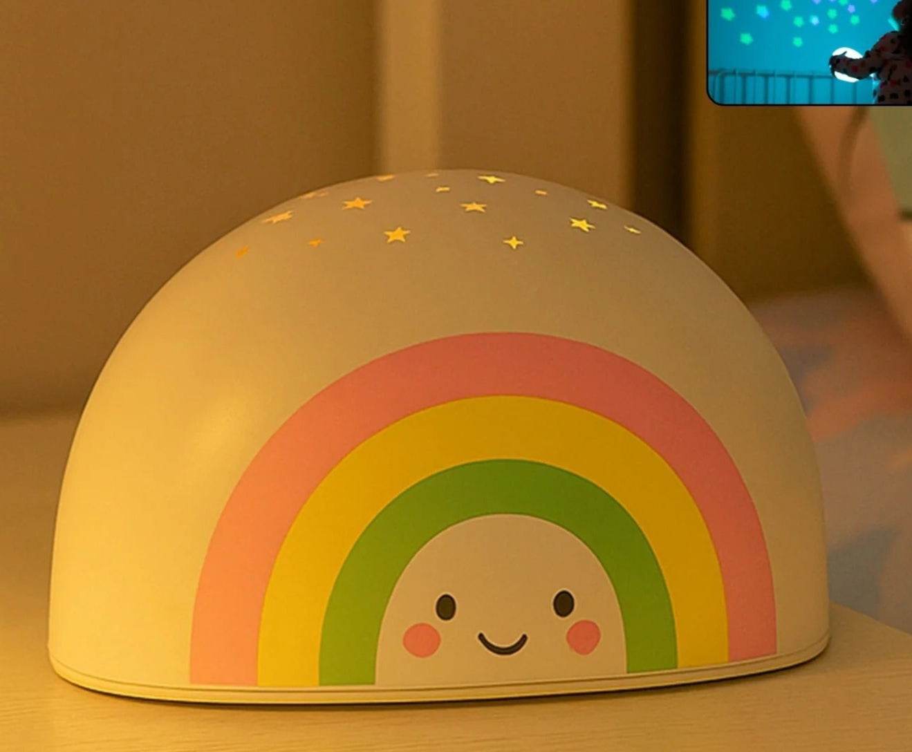Bachat Club LED rainbow projector night light with smiling rainbow design and star cutouts
