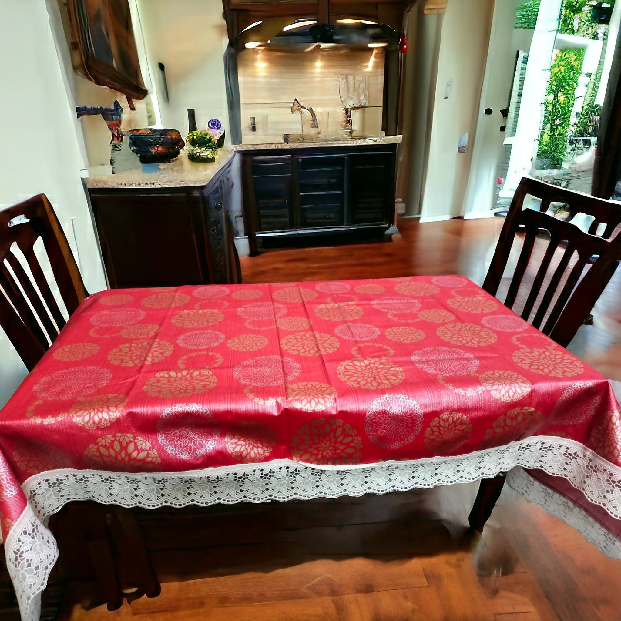 Mopak Decor 3D Printed Table Cover with Lace – Medium (40x60) for 4-Seater & Large (60x90) for 6-Seater – Rectangular Dining and Centre Table Cloth (Red)