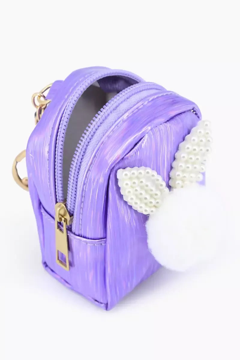 Mini Coin Purse Keychain with Fluffy Pompom (Purple)