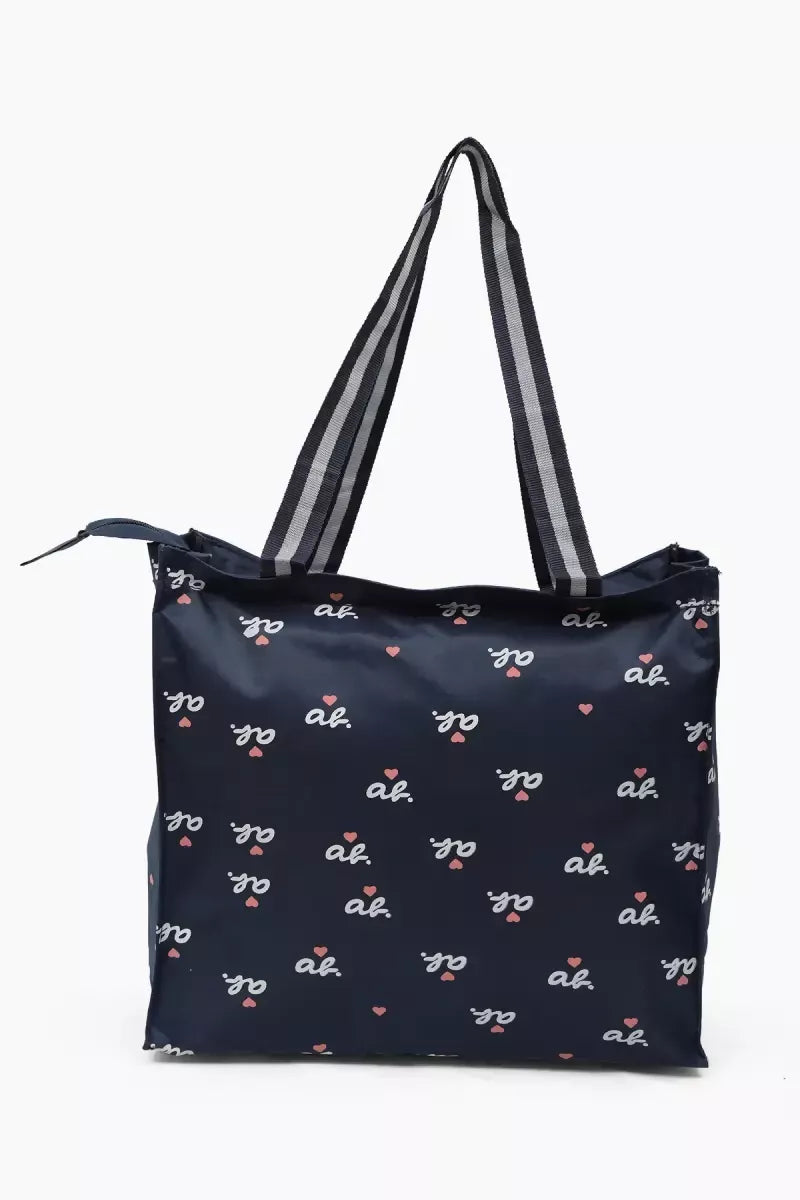 Letter Printed Canvas Tote Hand Bag for Girls (Navy Blue)