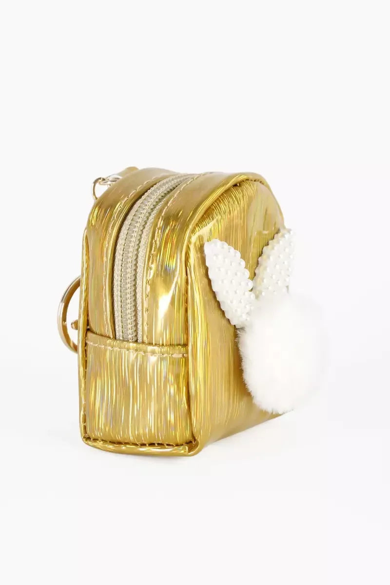 Mini Coin Purse Keychain with Fluffy Pompom (Gold Shine )