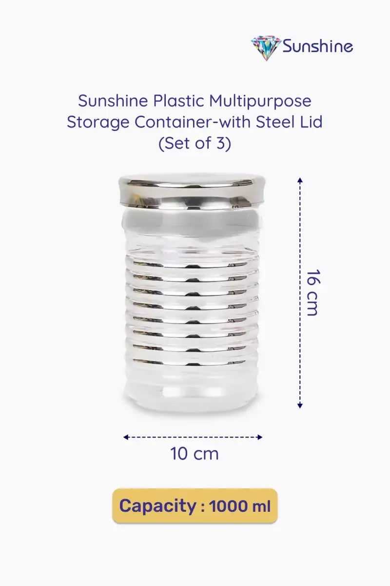 Plastic & Stainless Steel Storage Container (Sunshine), 3 Pcs - 1000ml Each (Transparent)