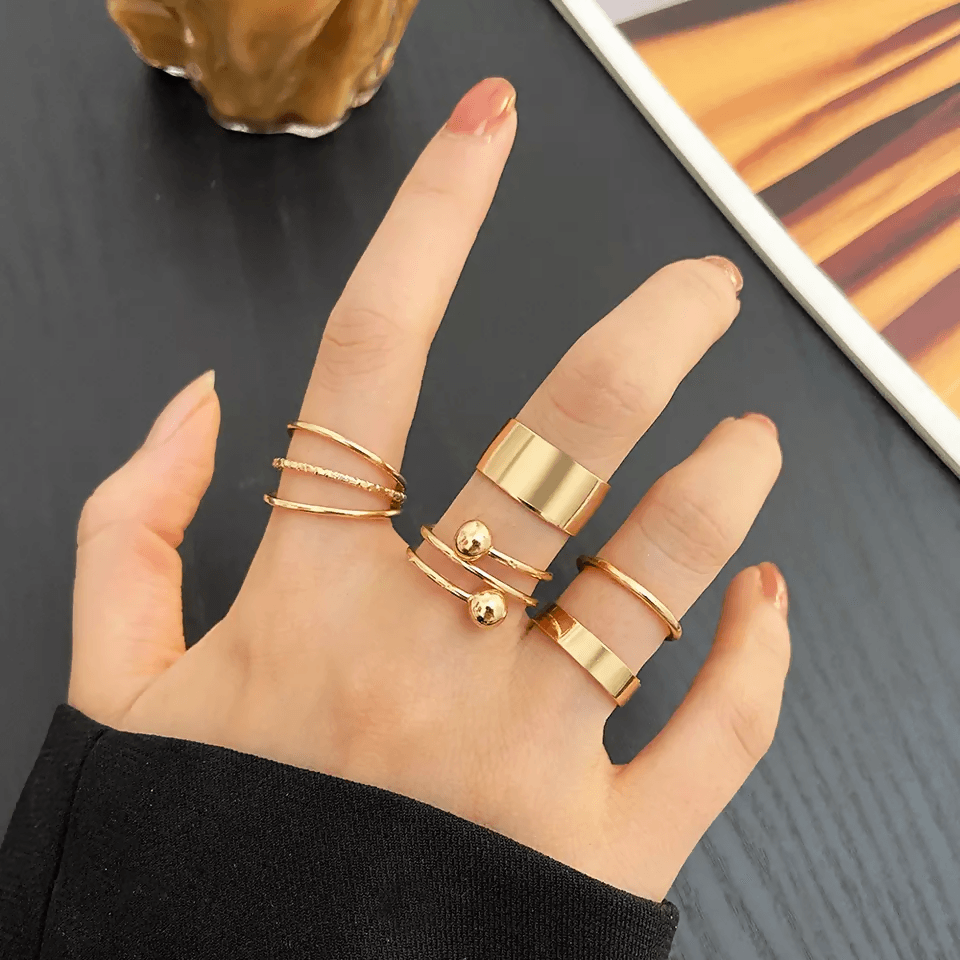 Pinapes Fashion Midi Rings Set of 5 Non-Precious Base Metal Boho Rings for Women