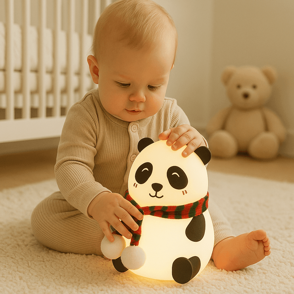 Baby playing with Bachat Club panda night light LED glowing softly on carpet in cozy nursery