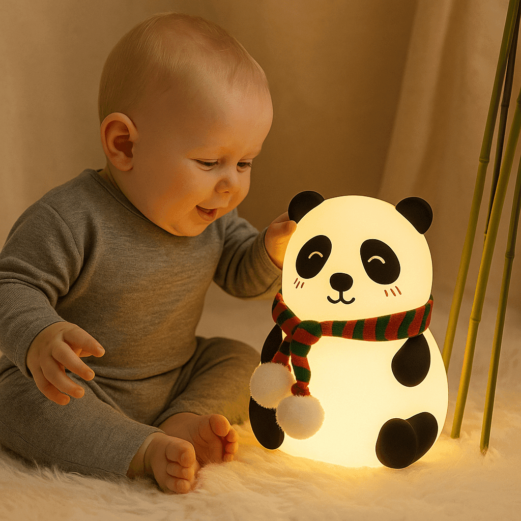 Baby playing with Bachat Club panda night light LED featuring a cute glowing panda with a scarf
