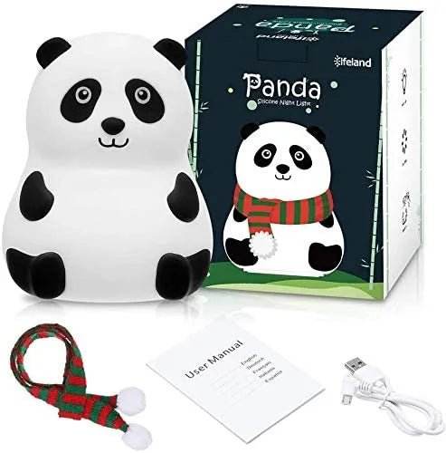 Bachat Club panda night light LED with cute silicone design, red and green scarf, USB charging cable, and user manual