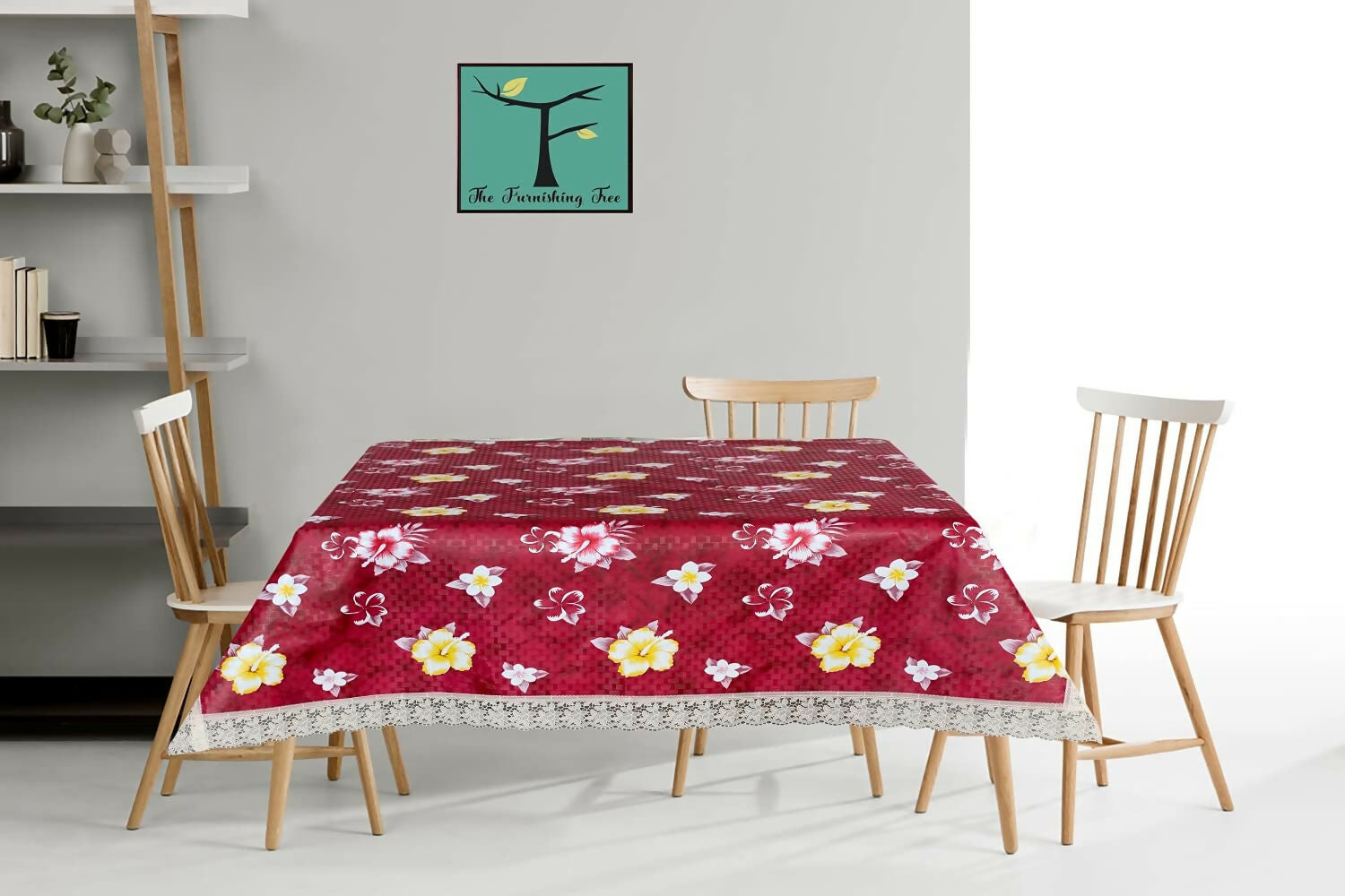 Mopak Printed Lace Table Cover For Dining & Centre Tables (Maroon Yellow Flower)