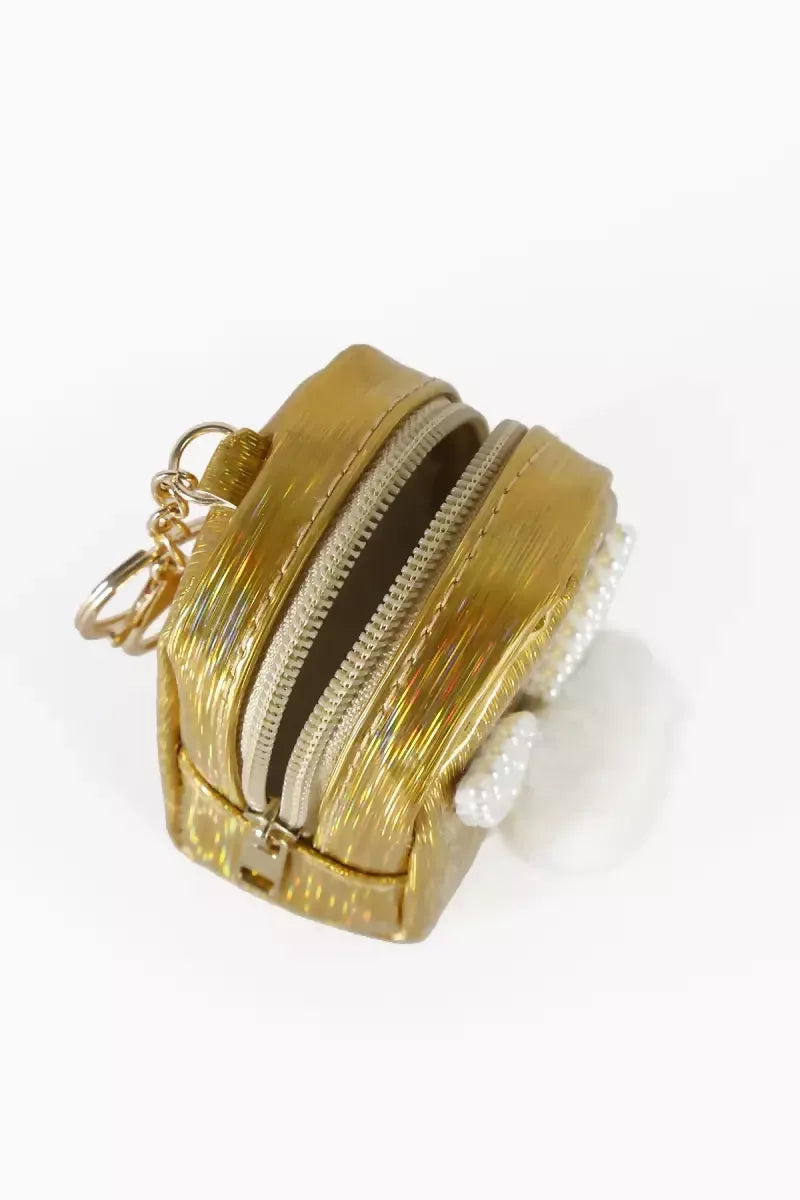 Mini Coin Purse Keychain with Fluffy Pompom (Gold Shine )