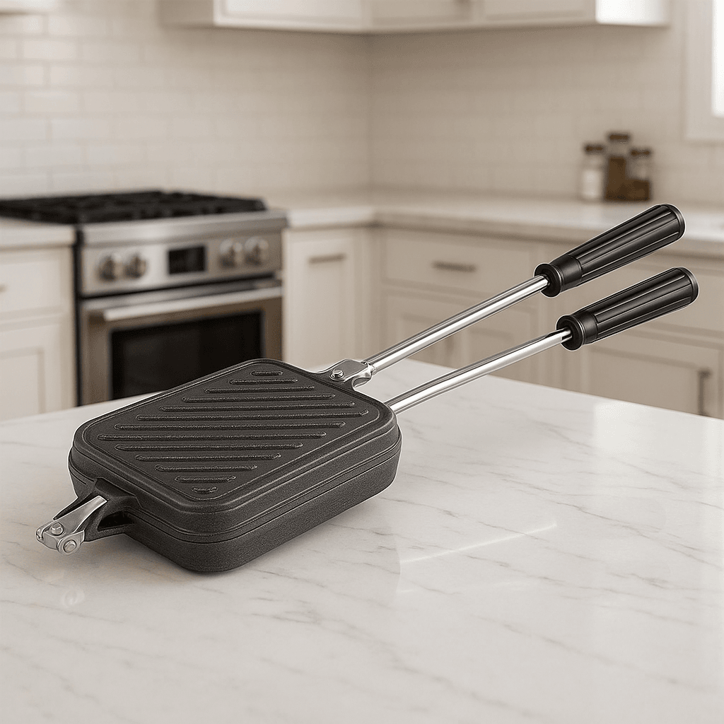 Bachat Club premium aluminum sandwich toaster with black handles on white kitchen countertop